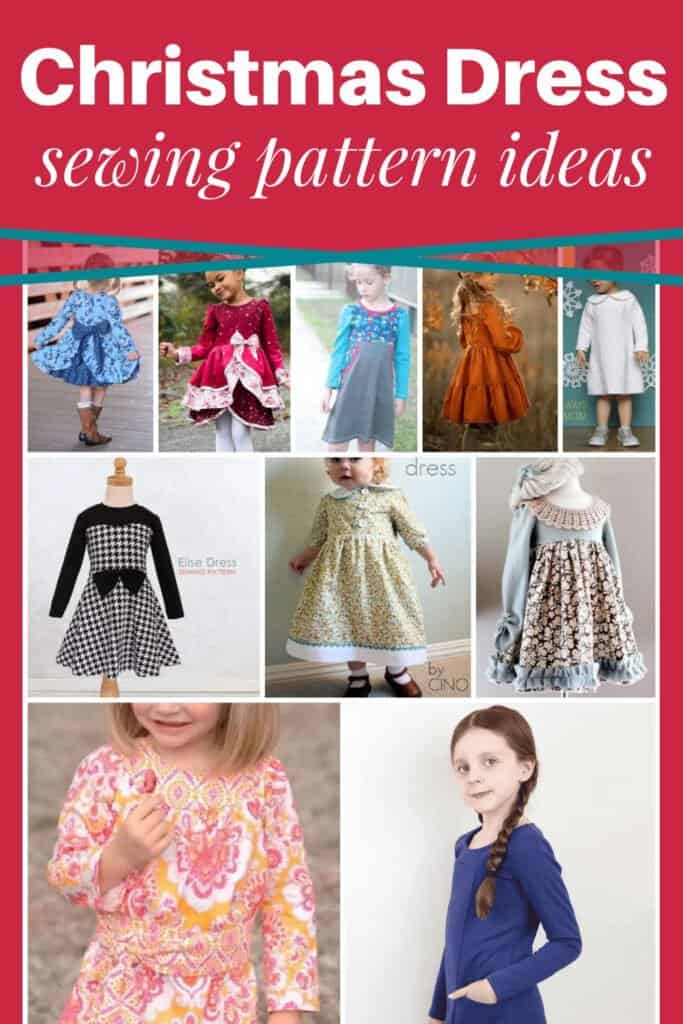 Collage of girl's wearing winter long-sleeve dresses with text overlay "Christmas Dress sewing pattern ideas"