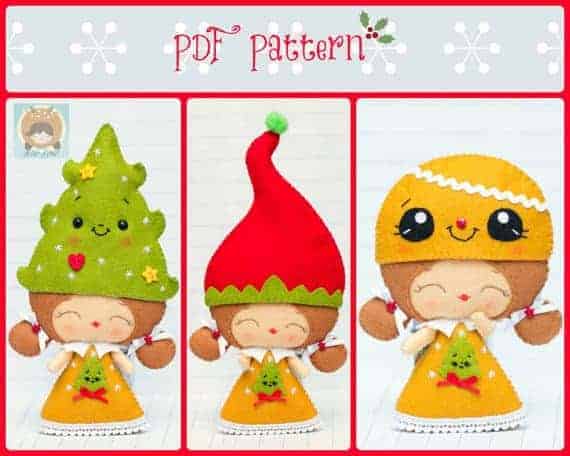 Whimsical elf girl dolls wutg Christmas tree, Santa and pudding hats.