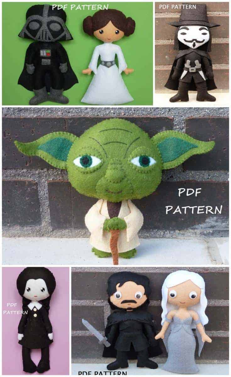 Best Geek felt doll sewing patterns for kids of all ages. Star Wars (or course), including Darth Vader, Princess Leia and Yoda, Wednesday from The Addams Family and Jon Snow and Danerys Targaryen from Game of Thrones.