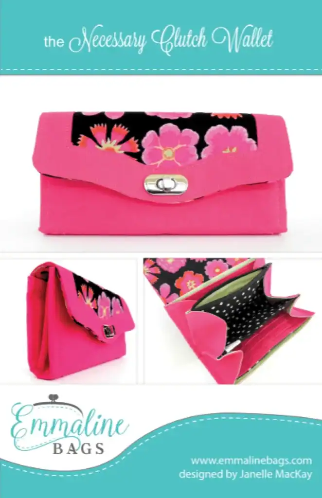 Three views of the Necessary Clutch Wallet made in pink and black fabric.