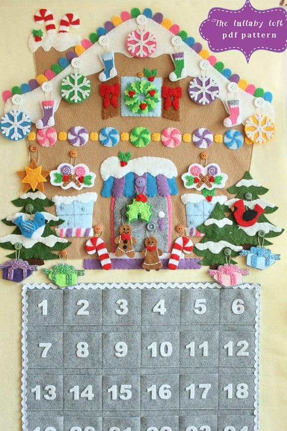 DIY Felt gingerbread house advent calendar sewing pattern.