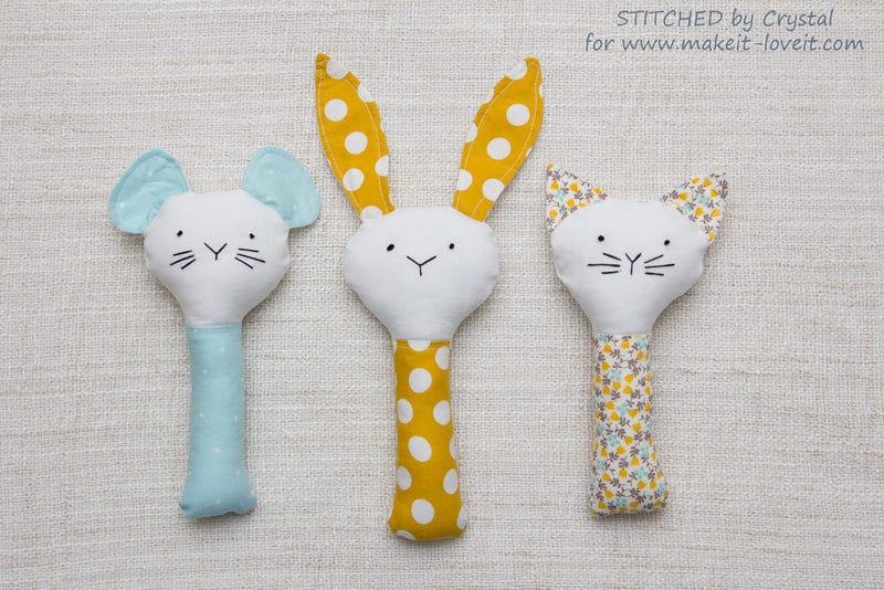 Plush rattle baby toy sewing pattern with options for a bunny, cat or mouse.