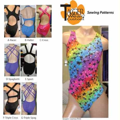 Sports swimsuit sewing pattern for women with seven back options, including racer and halter from Tagger Wear.
