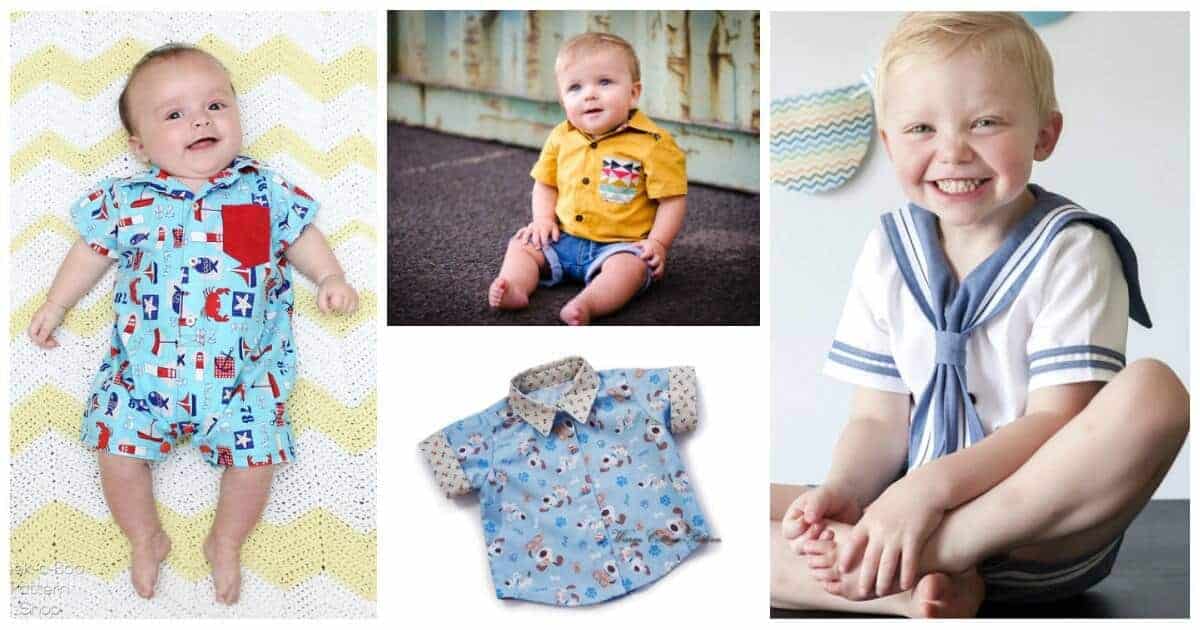 Great collection of cute baby boy shirt sewing patterns, including some shirt-style baby rompers.