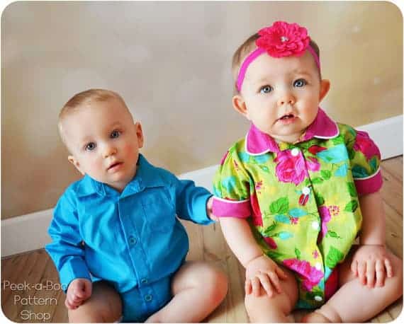 Max & Matilda Button-Up Bodysuit with a collar sewing pattern from Peekaboo Patterns.