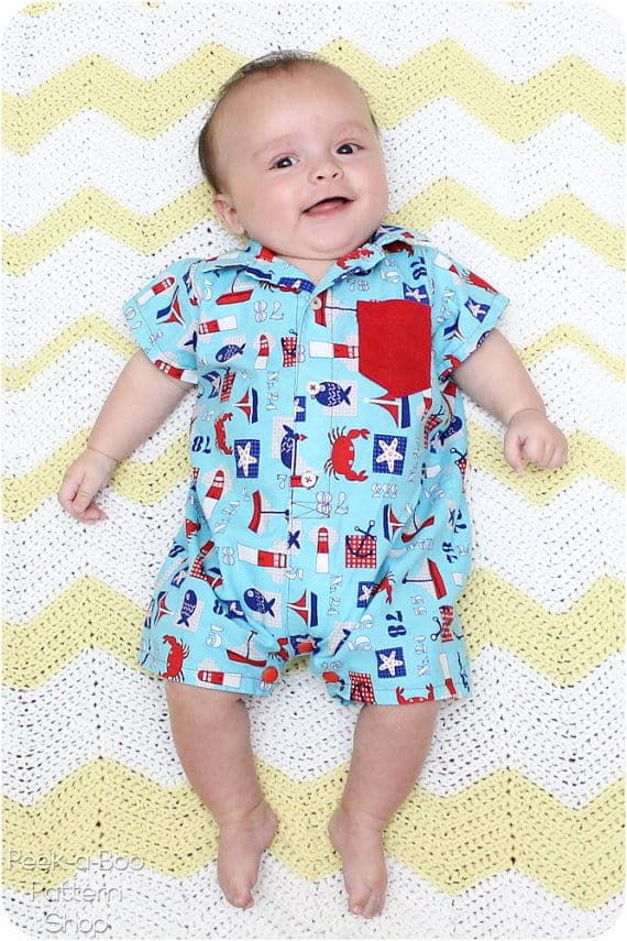 Pat-a-cake baby romper with collared shirt sewing pattern from Peekaboo patterns