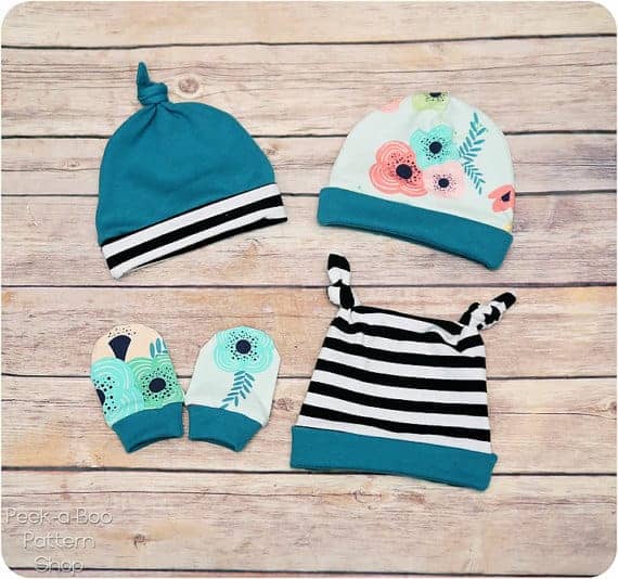 Lullaby line hat and mittens sewing pattern for babies from Peekaboo Patterns