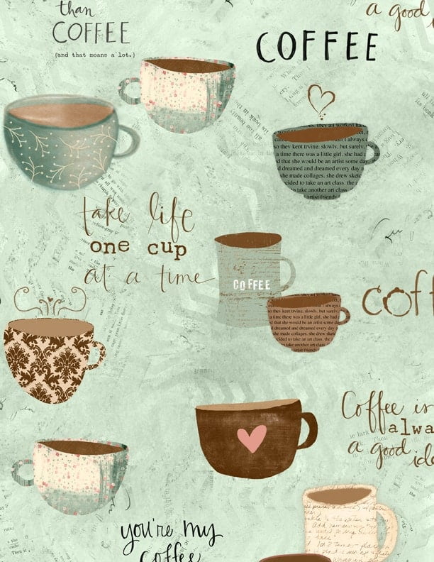 Coffee cups fabric from the But First Coffee quilting cotton fabric collection