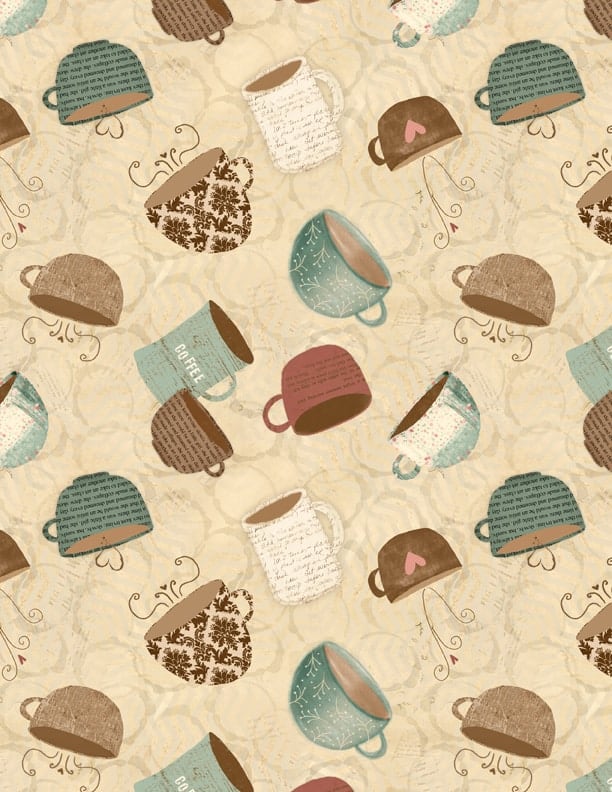 Coffee cup quilting cotton fabric from the But First Coffee fabric collection