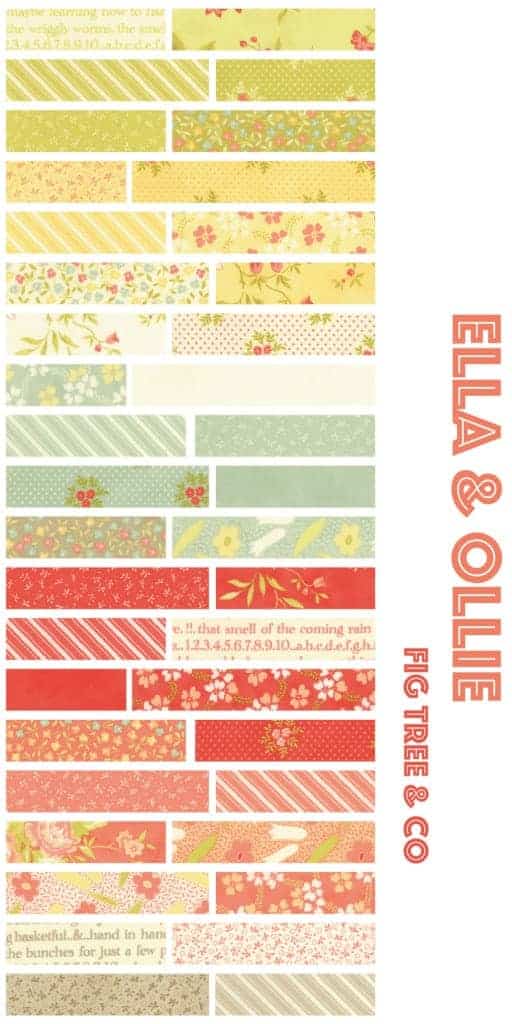 Ella & Ollie fabric collection from Moda - lovely quilting cotton with flower patterns in yellow, green, orange and apricot - perfect for quilting or girls clothing.