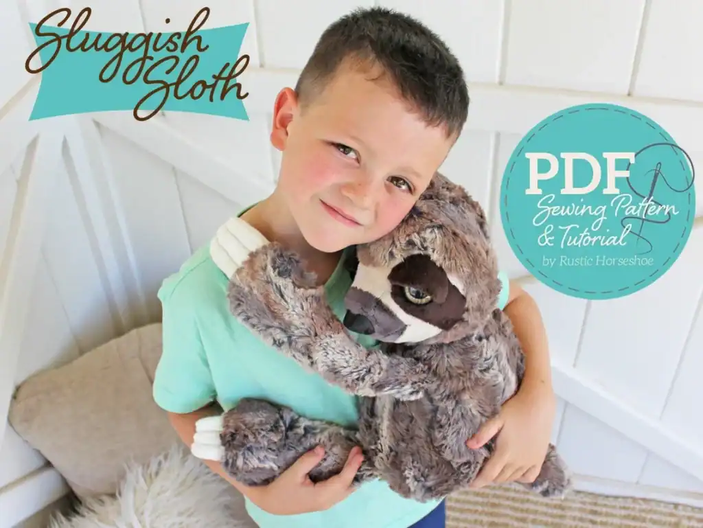 Cute young boy holding plush sloth toy, perfect for DIY sewing projects and patterns.