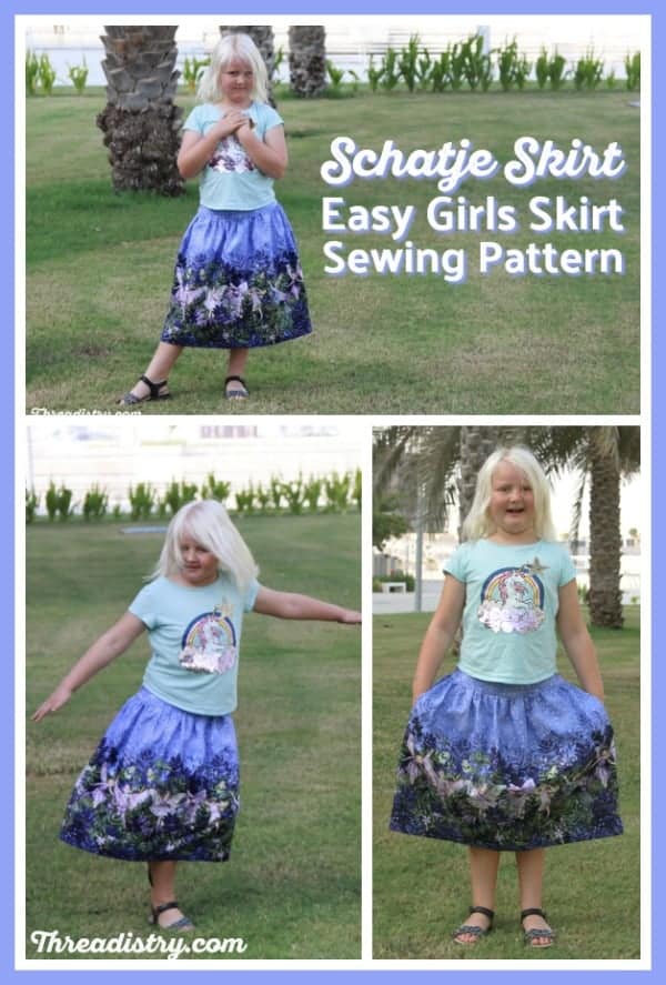 Looking for an easy skirt sewing pattern for girls? This cute DIY skirt has a flat-front and elastic back, so it's easy to get on and off, but looks great from the front. It's perfect to sew in a border print (Michael Miller Night Flower Fairies). Click through to read my Schatje Skirt sewing pattern review. #sewing #sewingforgirls #skirtsewingpattern #theelimonster #pdfsewingpattern