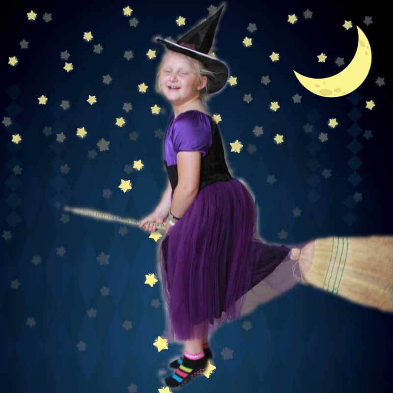 DIY witch costume for girl with the Fjell dress sewing pattern from The Eli Monster. Take a simple dress sewing pattern and turn it into this DIY witch costume for a girl. It's a classic handmade Halloween costume. Start spooky sewing now!