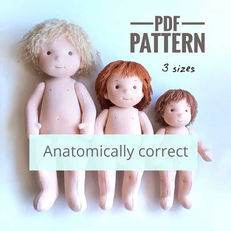 Soft handcrafted plush dolls with anatomically correct features for sewing patterns.