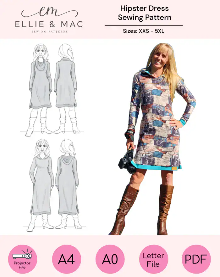 Hipster dress sewing pattern for women in sizes XXS to 5XL, perfect for custom fashion projects.