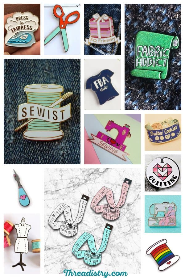 How cute are these sewing enamel pins! What a great way to add personality to a jacket lapel or for a wall display. It's a great stocking stuffer or gift for sewists. There are lots of quilting enamel pins too! #sewing #quilting #enamelpins