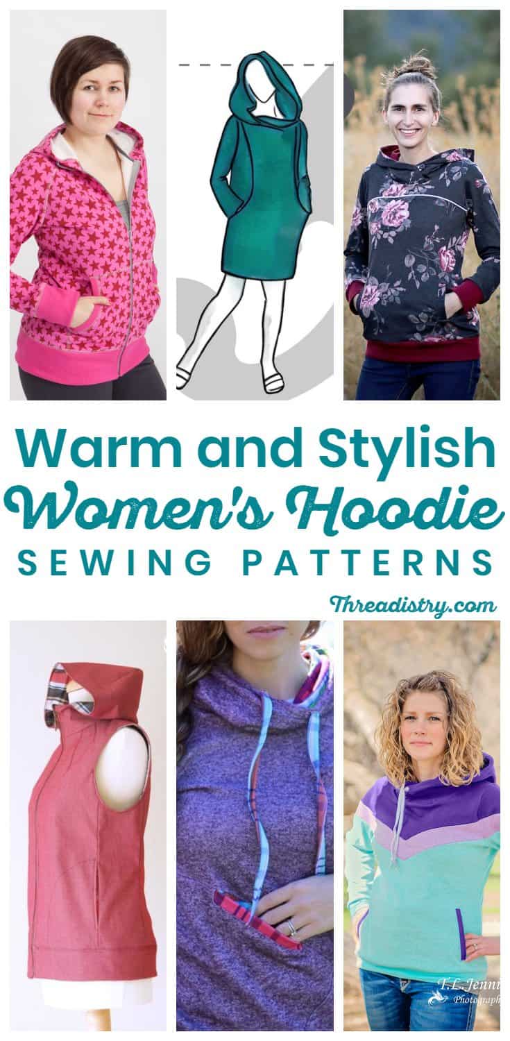 Sew a stylish and warm sweater for winter with these women's hoodie sewing patterns, including a hooded vest, zip up hoodies and those with kangaroo pockets.