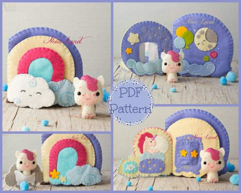 Unicorn toy with rainbow house quiet book sewing pattern