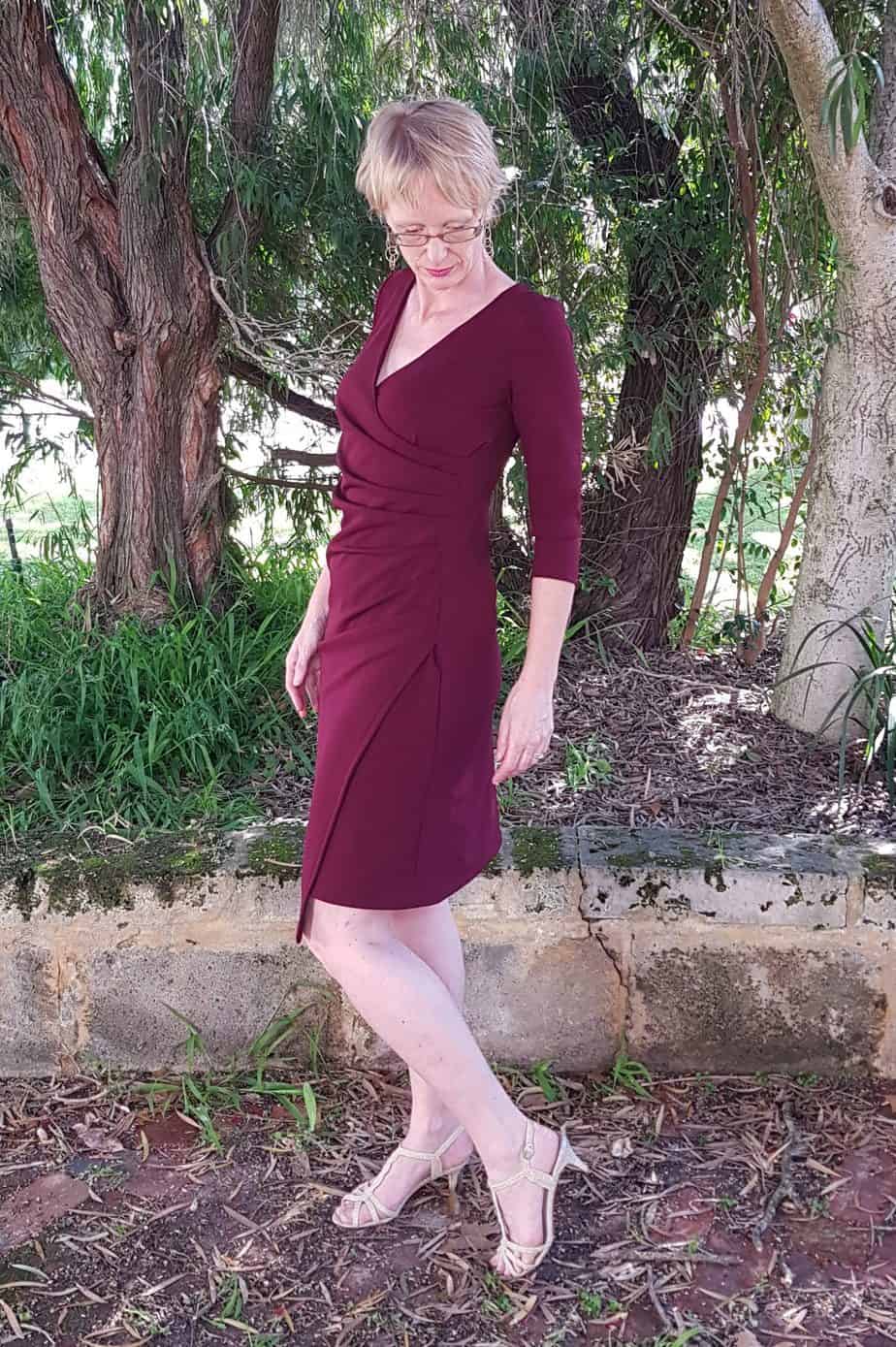 Camelia dress sewing pattern made with burgundy fabric