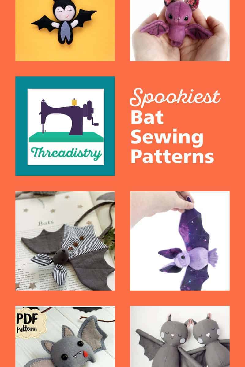 Collage of bat plush toys with overlay text "Spookiest bat sewing patterns"