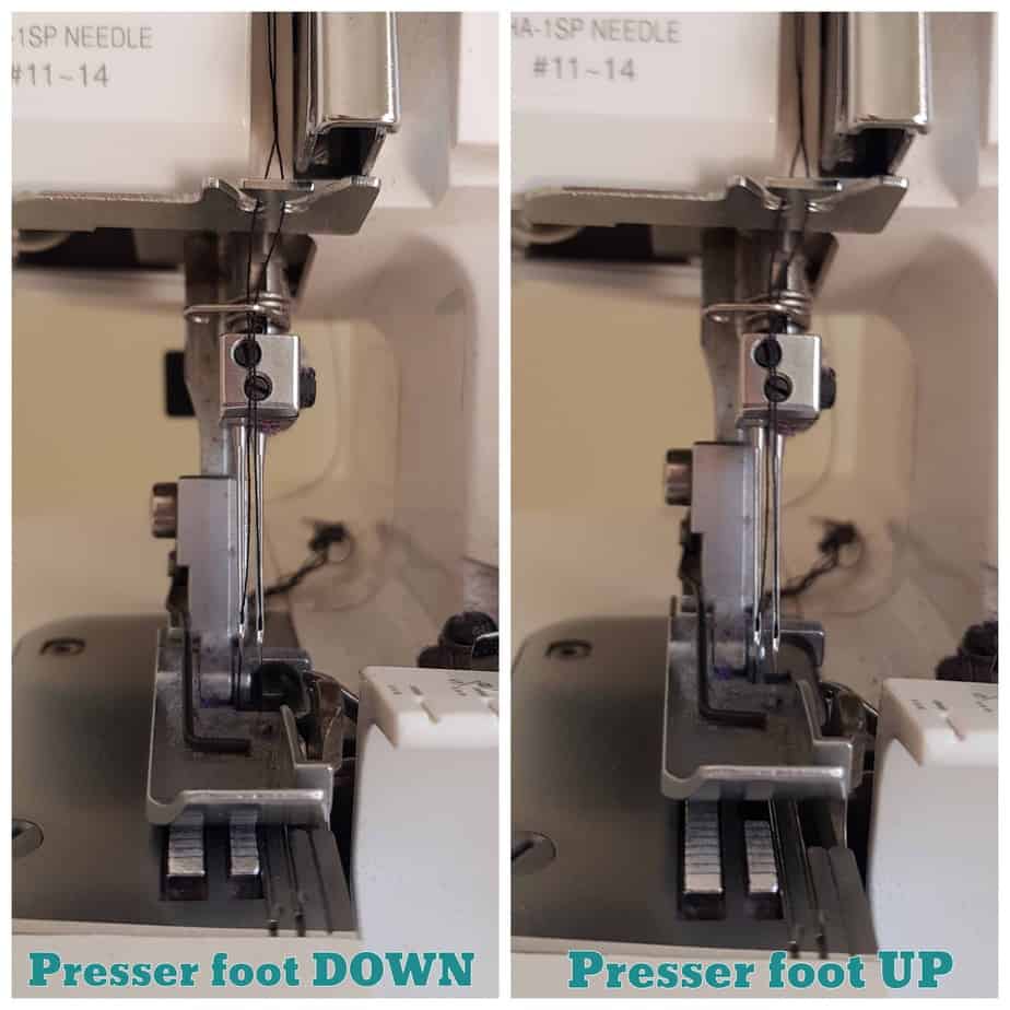 Collage with serger presser foot shown in the up and down positions