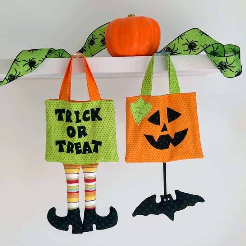 Bag with witch legs and pumpkin bag with dangly bat