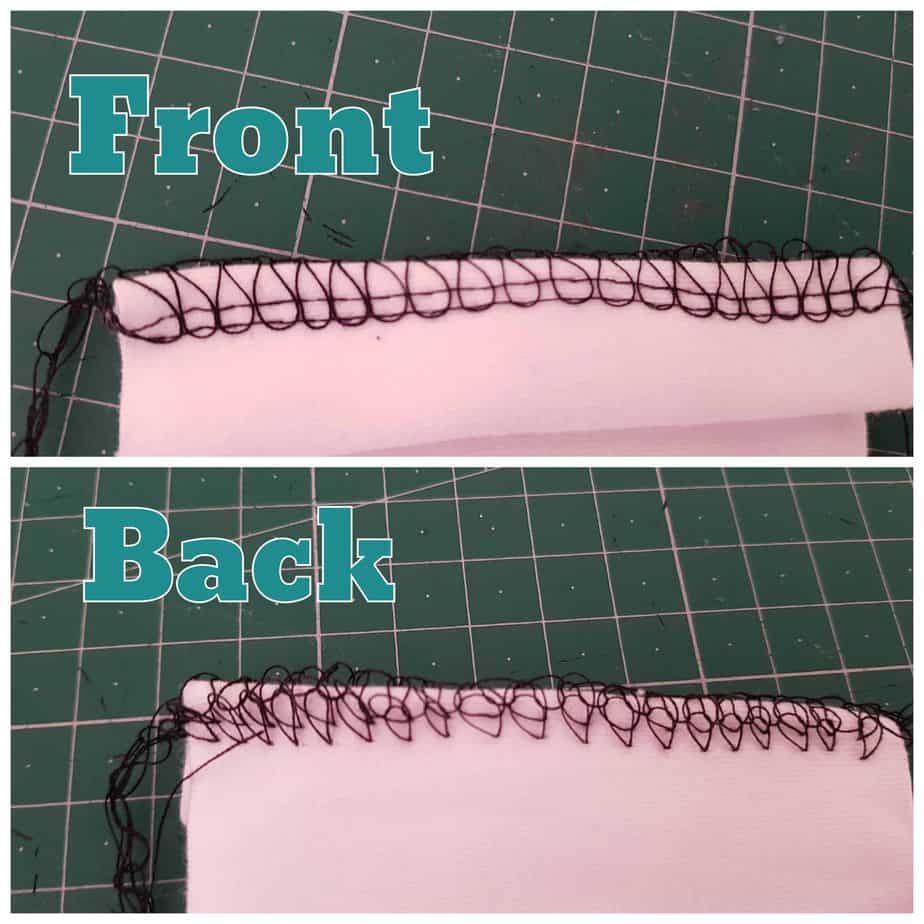 Collage of front and back of serger stitching with the presser foot up