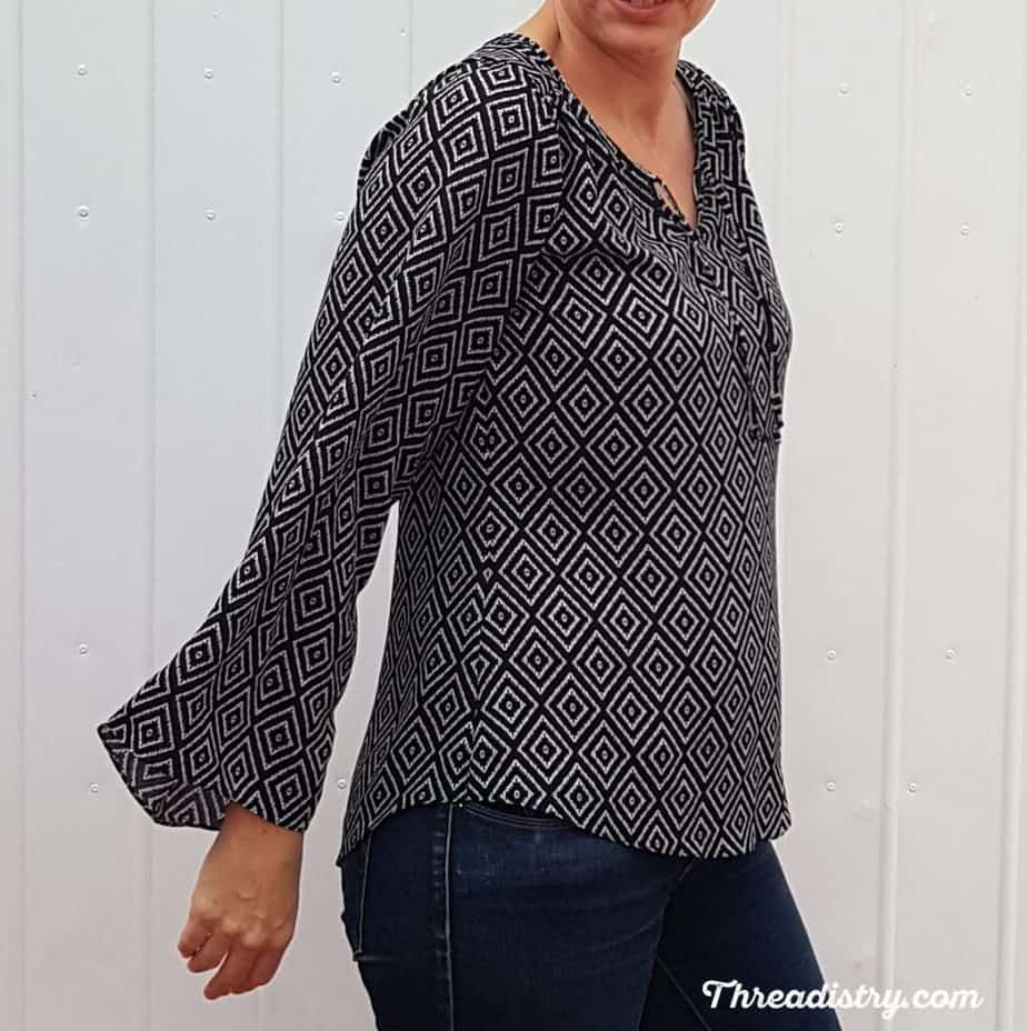 Rhapsody blouse sewing pattern in ghost crepe fabric