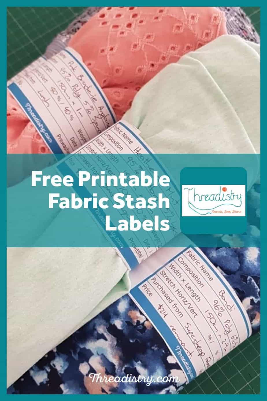 Rolled fabric with label wrapped around with text overlay "Free printable fabric stash labels"