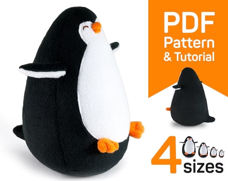 Roly poly penguin plush toy with text overlay "Pdf pattern & tutorial, 4 sizes"