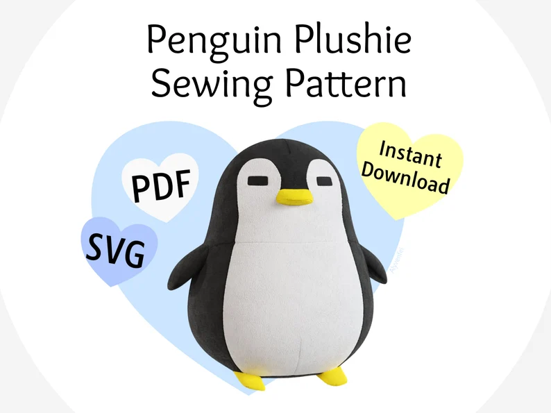 Black and white penguin plushie with text overlay "Penguin Plushie sewing pattern"