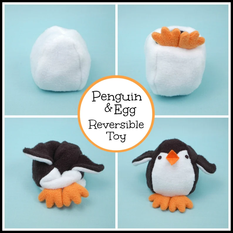 Penguin and egg reversible toy shown as collage with penguin, egg and two photos of it being reversed/turned inside out.