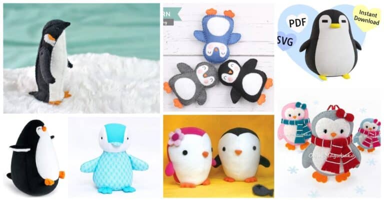 Collage of penguin plush toy sewing patterns