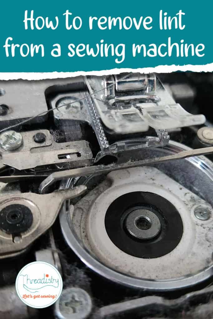 Fluff and lint in the bobbin area of a sewing machine with text overlay "how to remove lint from a sewing machine"