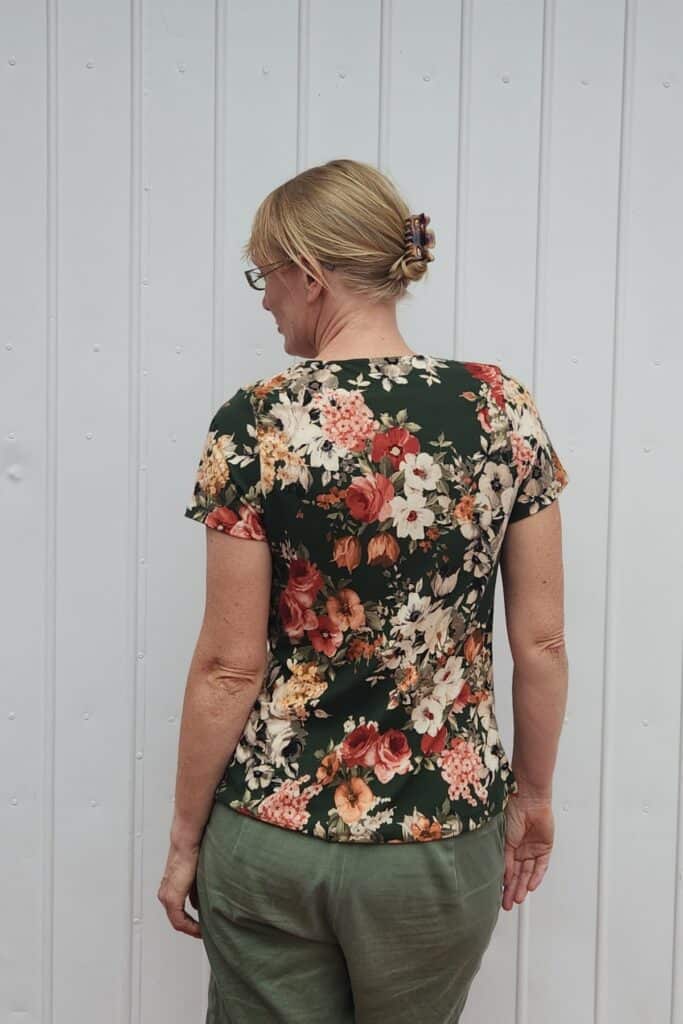 The back view of the Camilla cowl neck top sewing pattern.