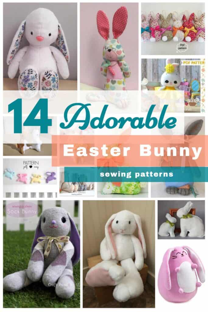 Collage of plush bunnies with text overlay "14 Adorable Easter Bunny sewing patterns"