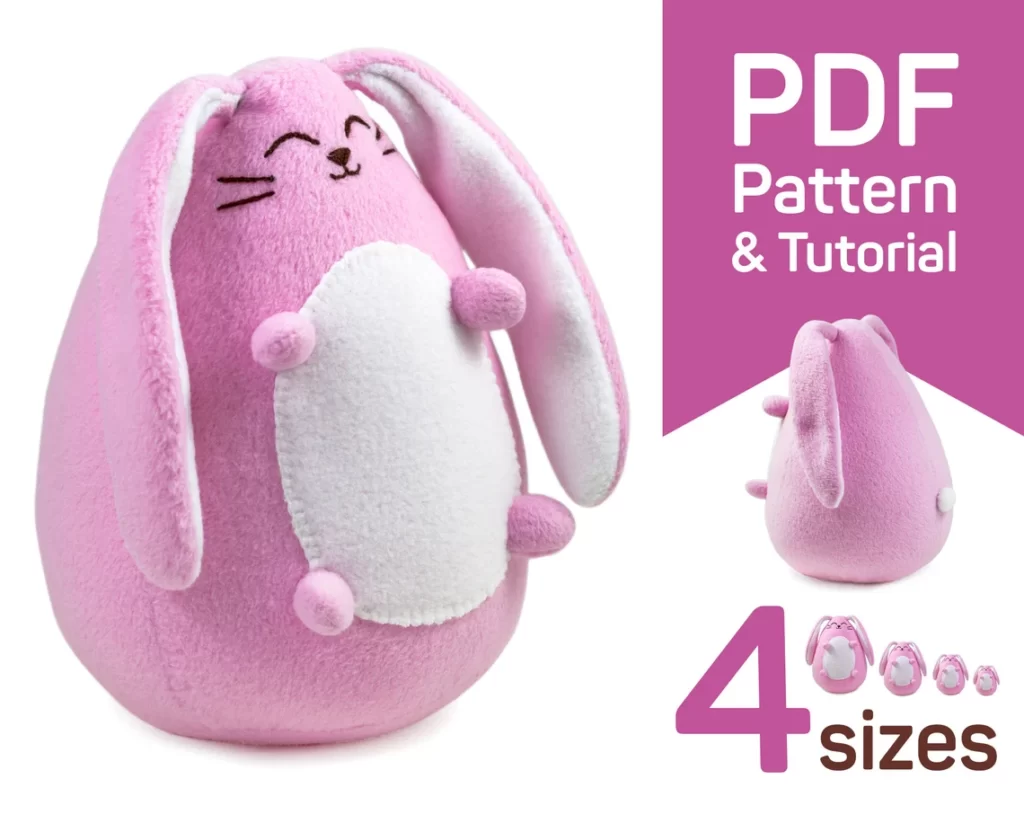 Pink and white roly poly bunny stuffed toy with text overlay "PDF Pattern & Tutorial, 4 Sizes"