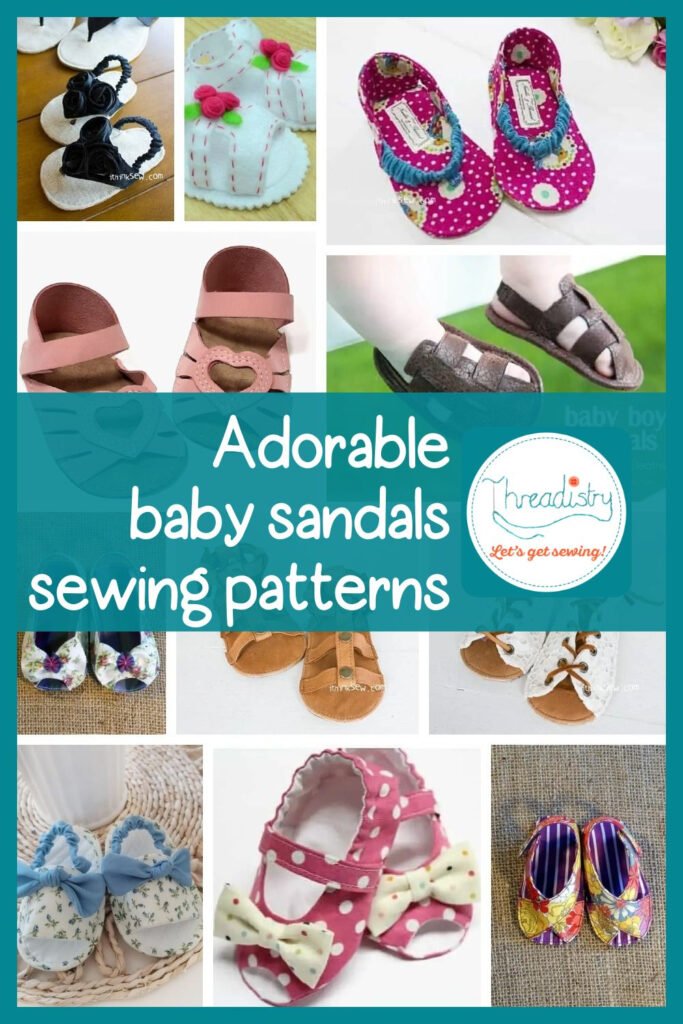 Collage of baby sandals with text overlay "Adorable baby sandals sewing patterns"