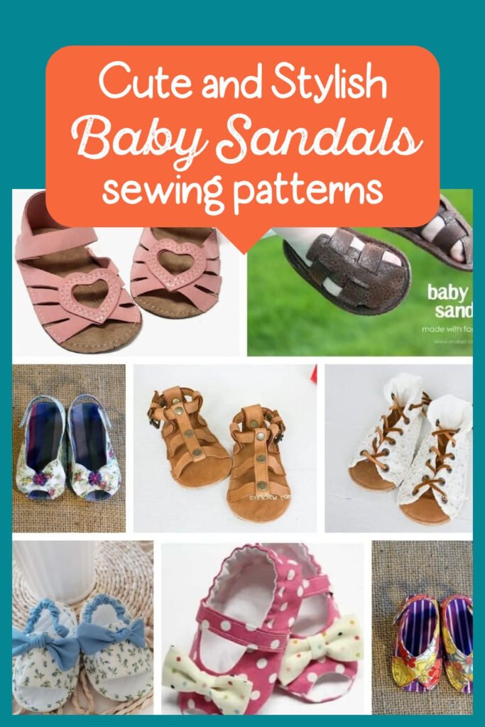 Collage of baby sandals with text overlay "Cute and Stylish Baby Sandals sewing patterns"