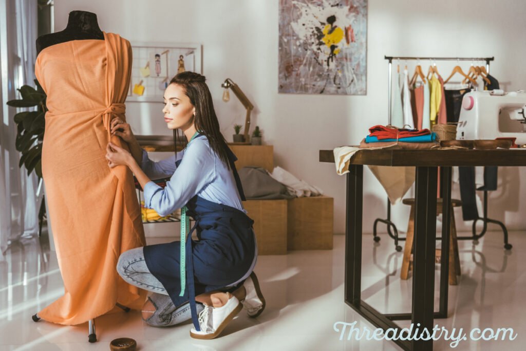 Woman pinning and draping a dress on a dress form in a sewing work room.