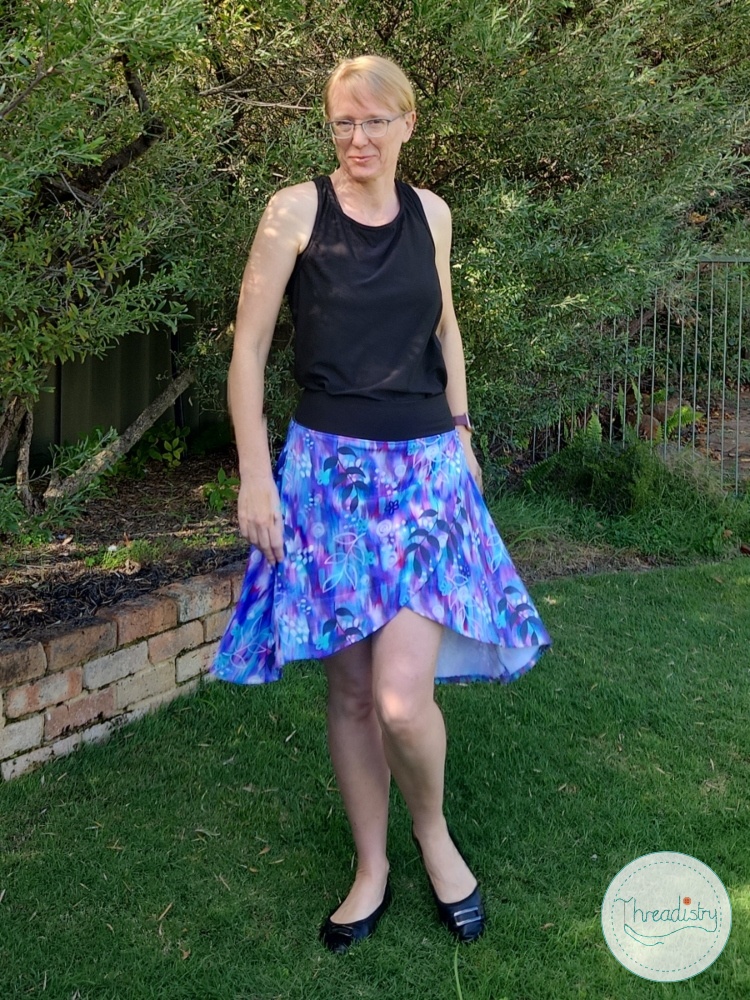 Front view of the Ashley Skort sewing pattern from 5 out of 4 Patterns with skirt twirling