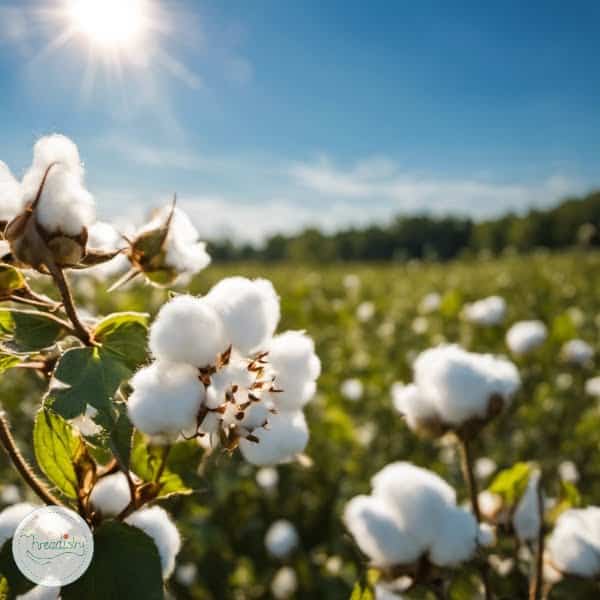 Cotton plants in bloom in sunlit field