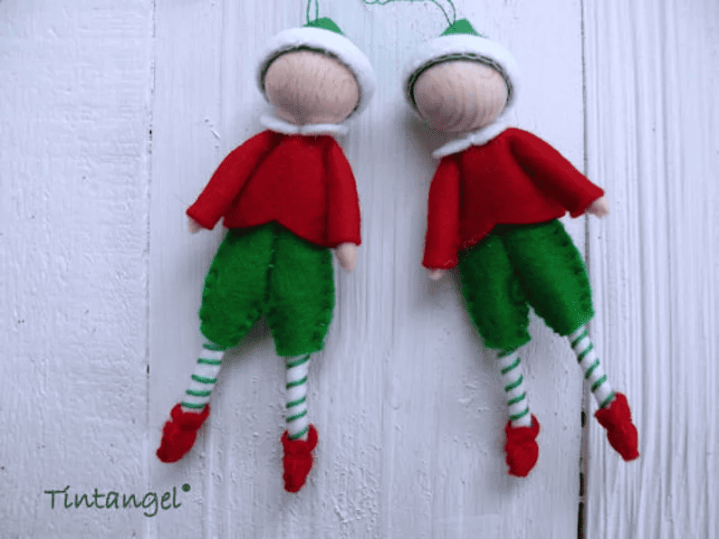 Wooden bead and felt elf ornaments