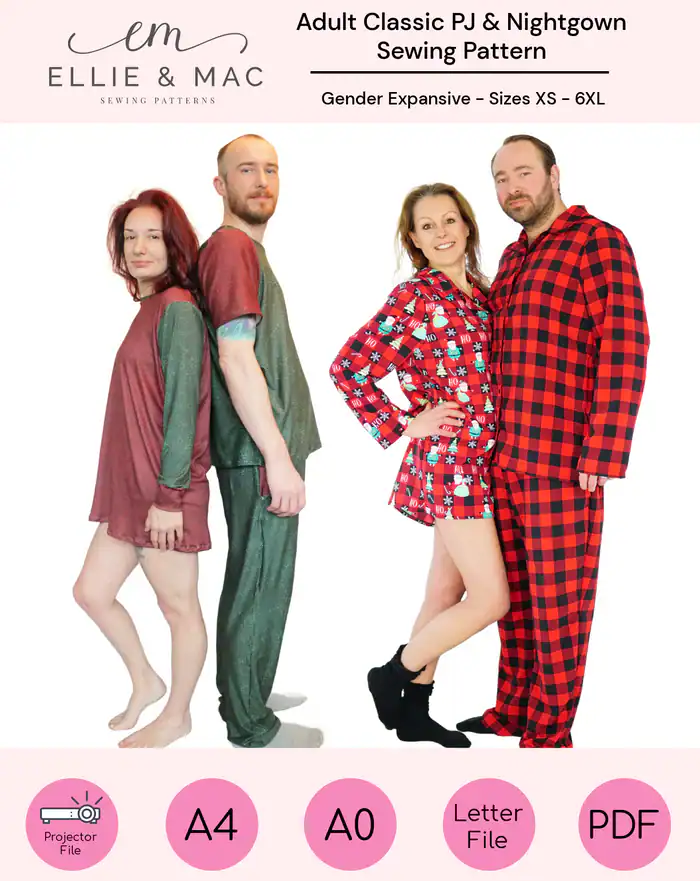 Comfortable holiday pajamas for adults in festive prints, available in sizes XS to 6XL.