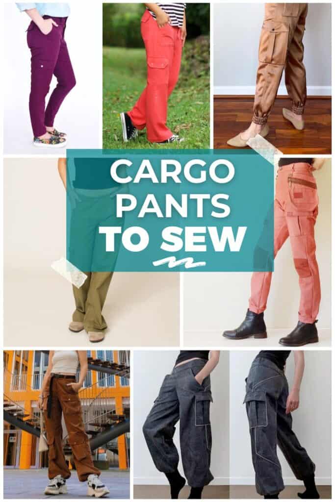 Collage of women wearing cargo pants with text overlay "Cargo Pants to sew"