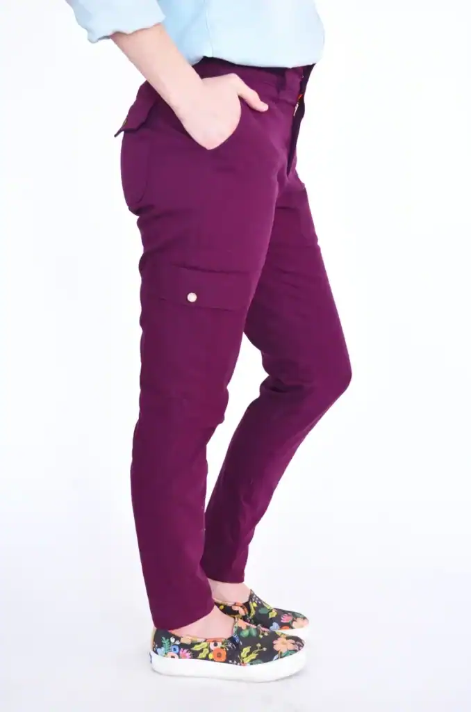 Comfortable casual purple cargo pants for women with deep side pockets.