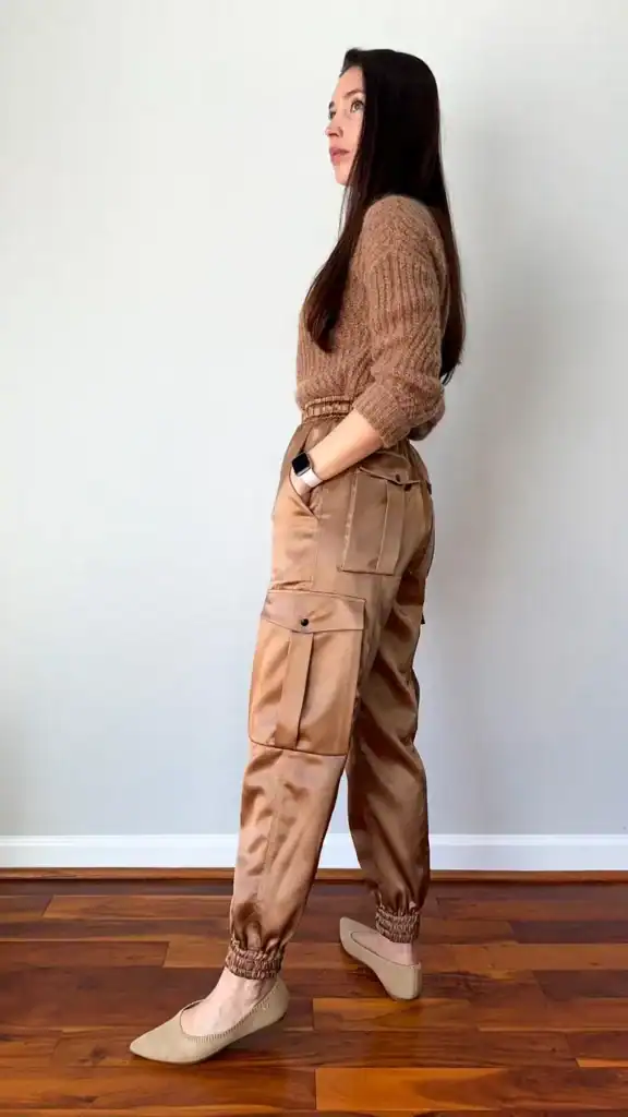 Comfy casual outfit with brown sweater and cargo joggers for women.