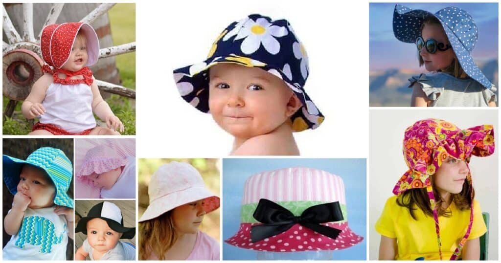 Bright colorful children's sun hats with playful patterns and wide brims for UV protection, trendy summer accessories for kids.