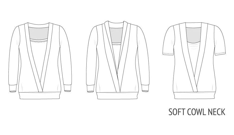 Modern cardigan sweater with soft cowl neck, long sleeves, and ribbed cuffs and hem for stylish comfort.