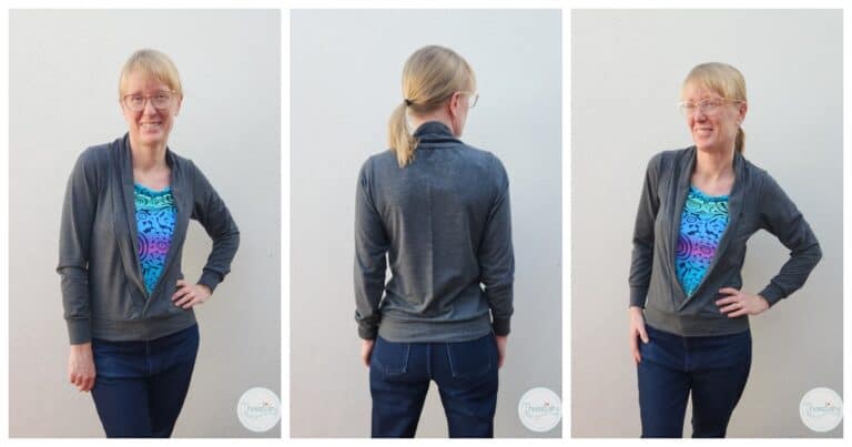 Collage of Sinclair Gina top sewn with grey outer fabric and colourful under layer.
